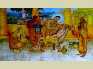 The Buddha and Ananda tend a Sick Monk, at the Nava Jetavana, Shravasti